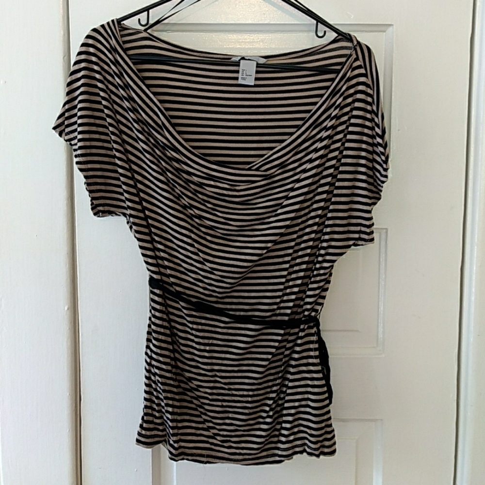 Short sleeve striped cowl neck shirt